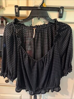 Free People Black and Gray Striped Sheer Peasant Top